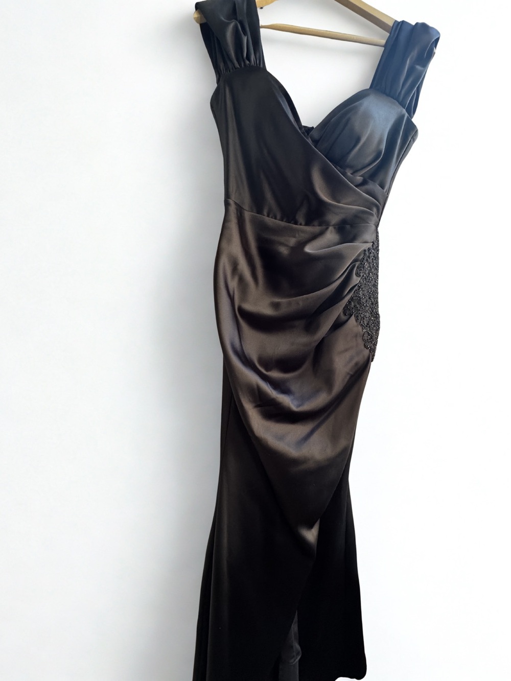 Split Black Satin Maxi Dress with Draped Waist and Lace Accent
